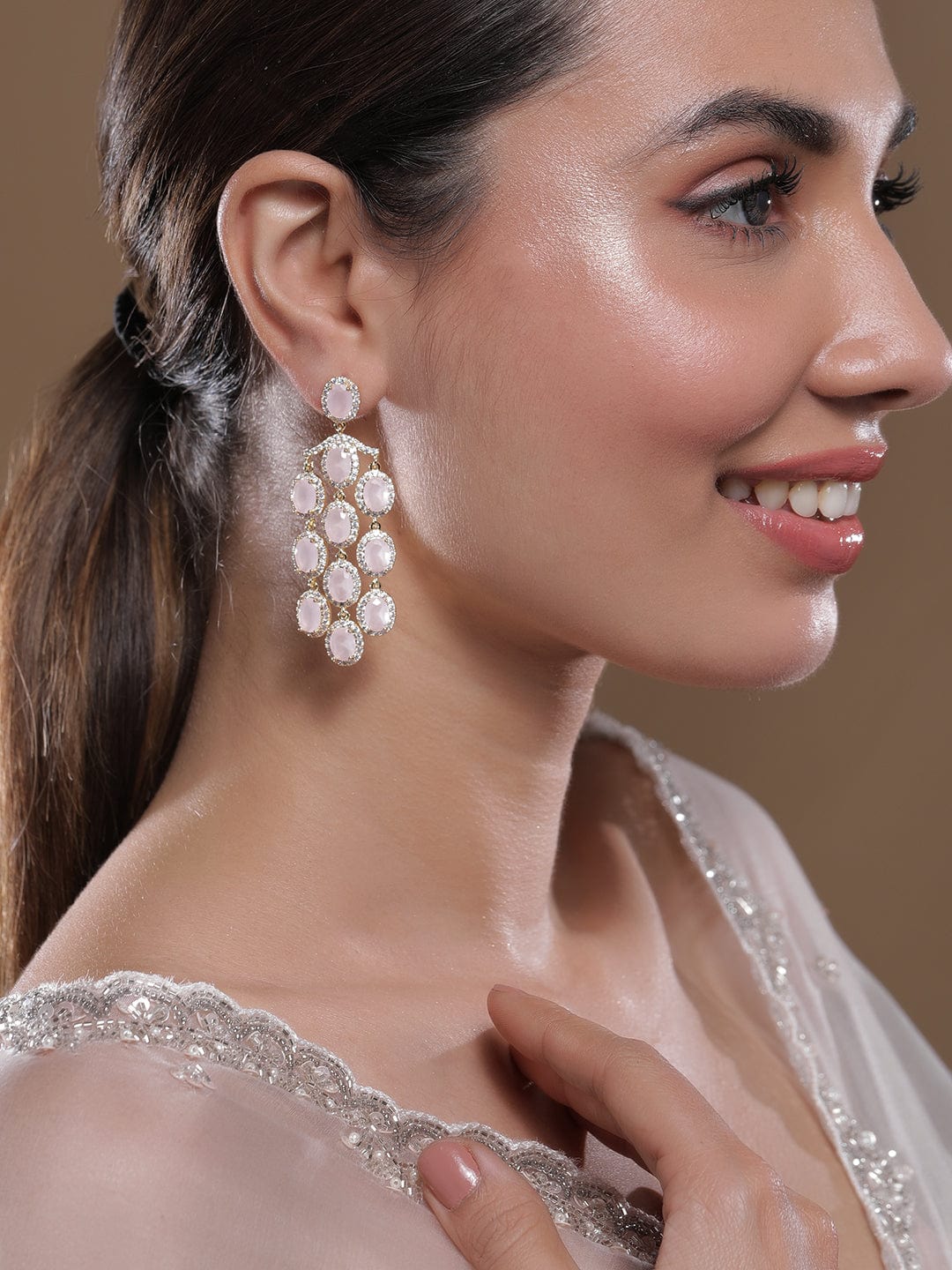 22K Gold-Plated Pastel Pink Crystal & Cubic Zirconia Studded Multilayer Chandelier Earrings Chandbalis