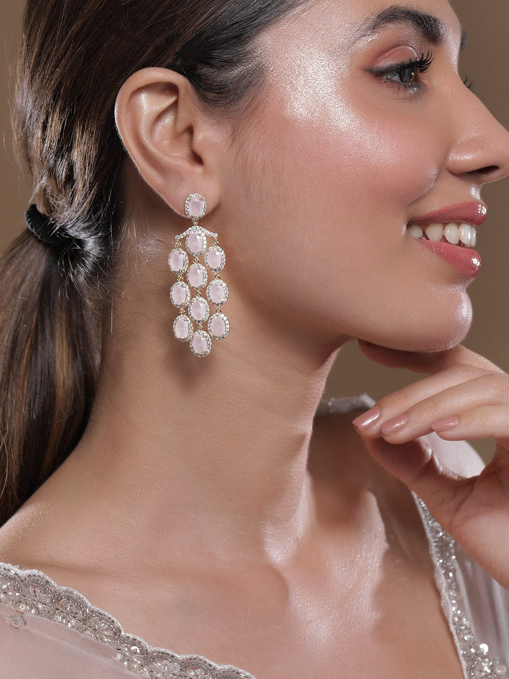 22K Gold-Plated Pastel Pink Crystal & Cubic Zirconia Studded Multilayer Chandelier Earrings Chandbalis