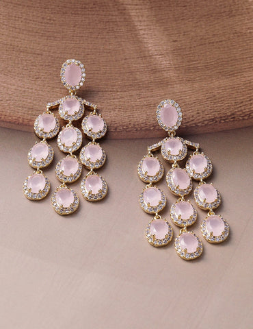 22K Gold-Plated Pastel Pink Crystal & Cubic Zirconia Studded Multilayer Chandelier Earrings Chandbalis