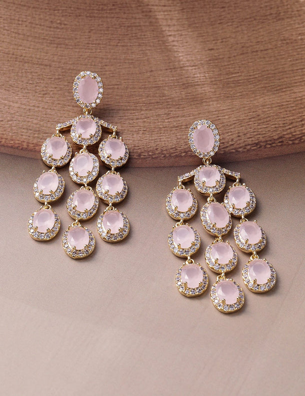 22K Gold-Plated Pastel Pink Crystal & Cubic Zirconia Studded Multilayer Chandelier Earrings Chandbalis
