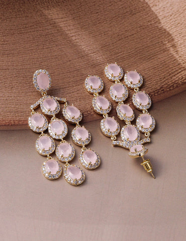 22K Gold-Plated Pastel Pink Crystal & Cubic Zirconia Studded Multilayer Chandelier Earrings Chandbalis