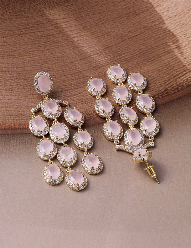 22K Gold-Plated Pastel Pink Crystal & Cubic Zirconia Studded Multilayer Chandelier Earrings Chandbalis