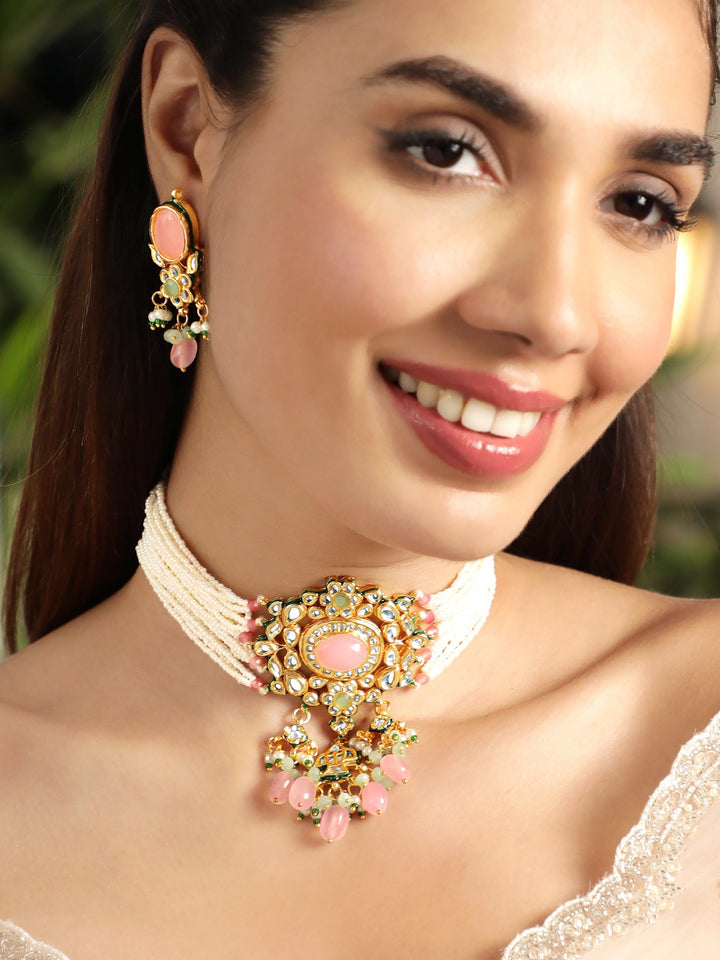 22K Gold plated pastel pink gemstone with kundan and pearls regal Necklace set Jewellery Sets