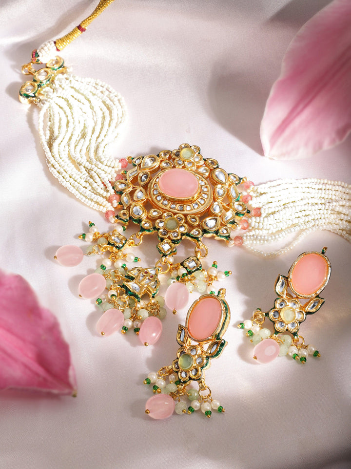 22K Gold plated pastel pink gemstone with kundan and pearls regal Necklace set Jewellery Sets