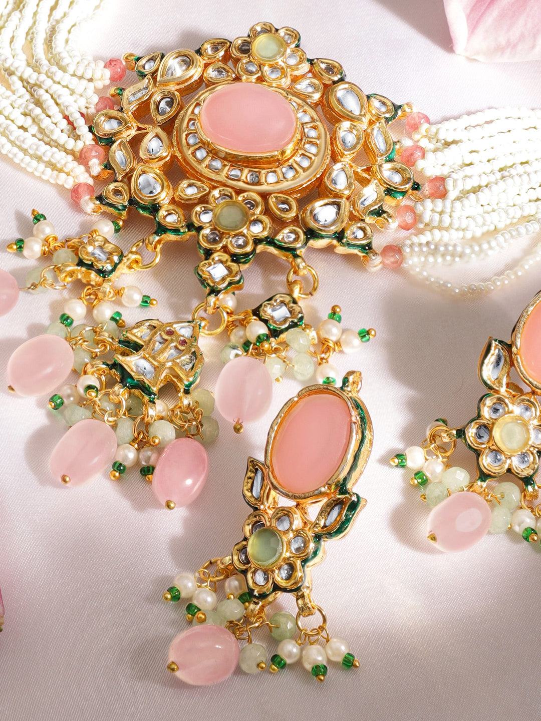 22K Gold plated pastel pink gemstone with kundan and pearls regal Necklace set Jewellery Sets