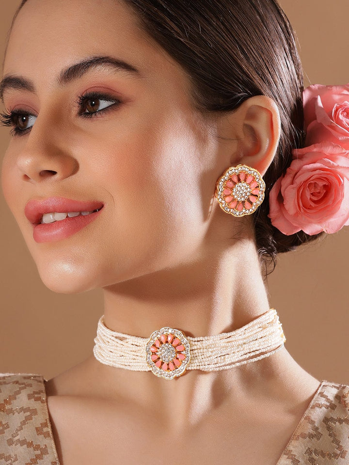 22K Gold-Plated Peach & White Beaded Kundan Choker Set with Matching Stud Earrings Necklace Set