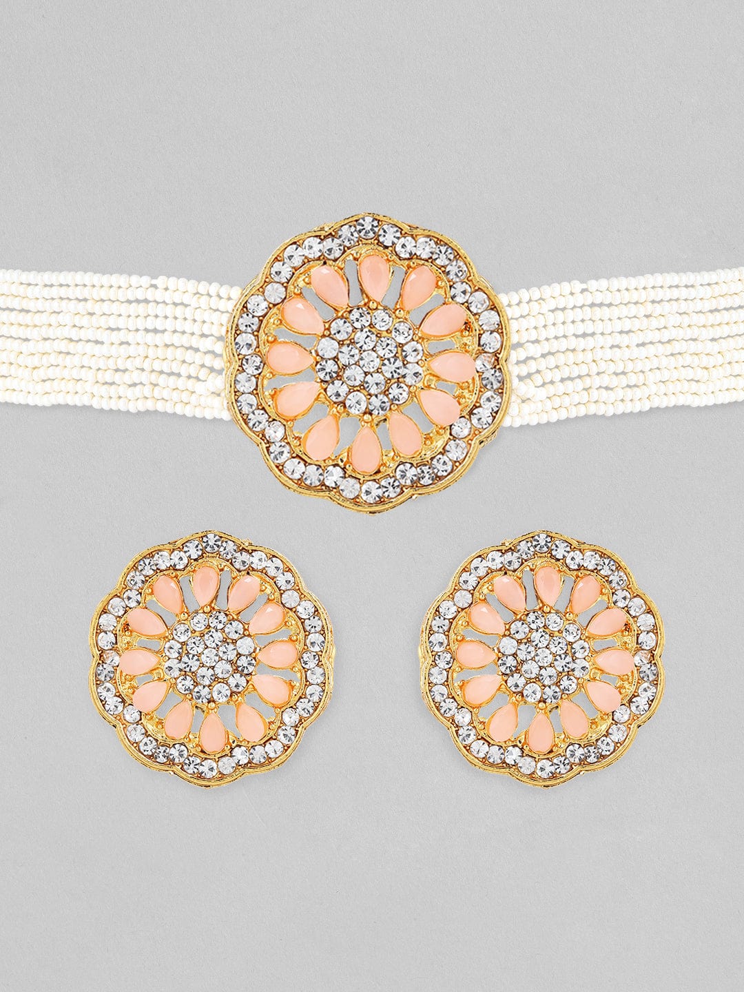 22K Gold-Plated Peach & White Beaded Kundan Choker Set with Matching Stud Earrings Necklace Set