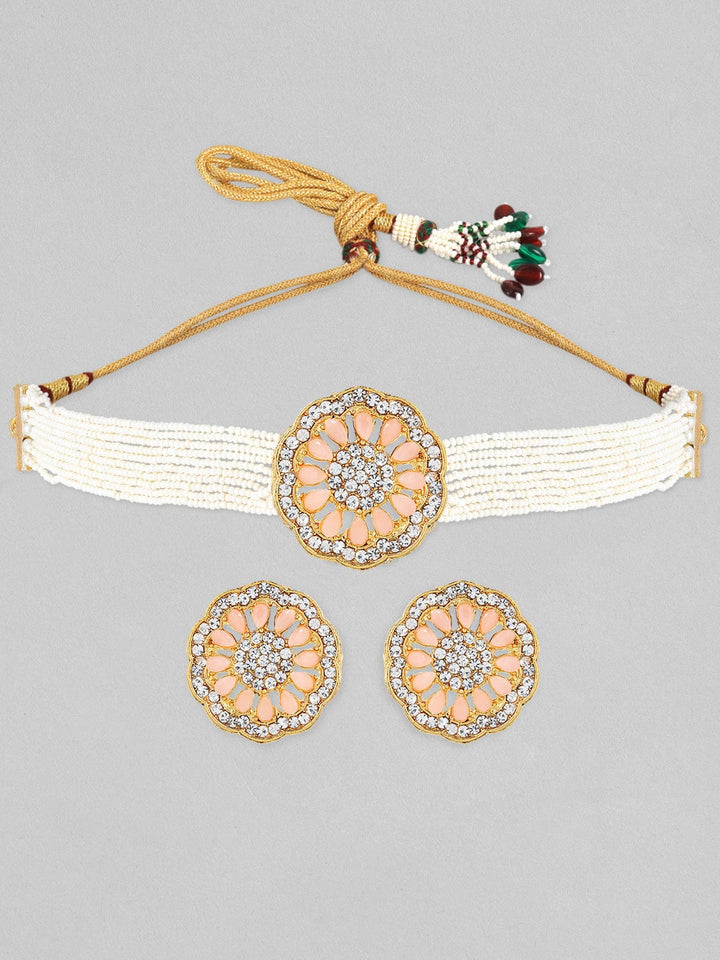 22K Gold-Plated Peach & White Beaded Kundan Choker Set with Matching Stud Earrings Necklace Set