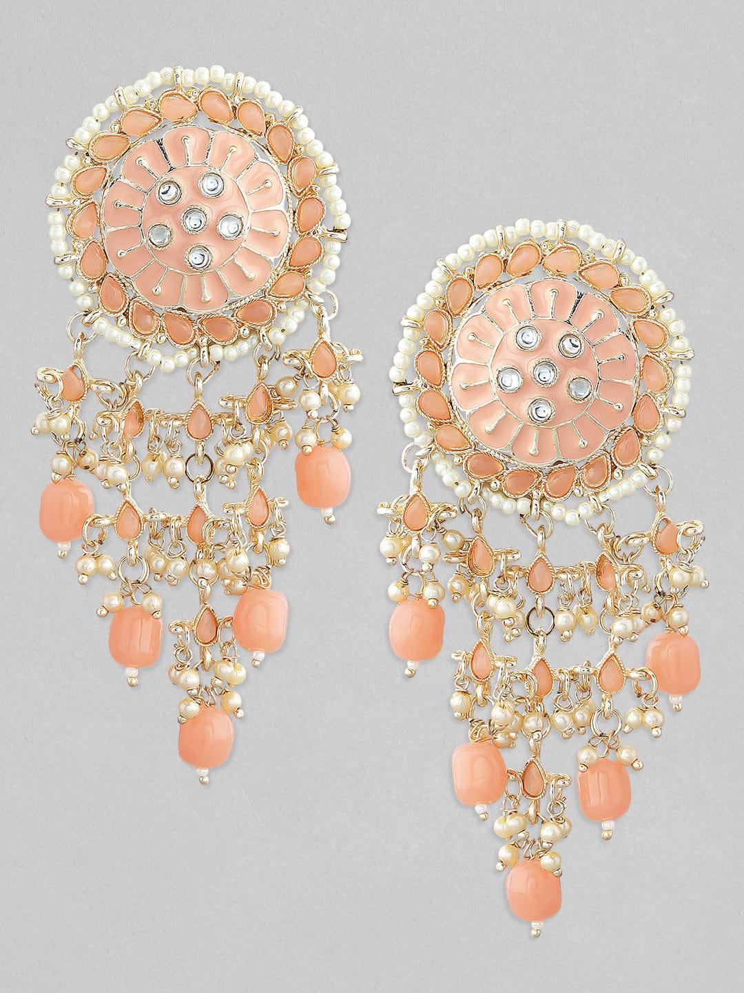 22K Gold-Plated Peach & White Beaded Pearl and AD Studded Dangle Earrings Drop Earrings