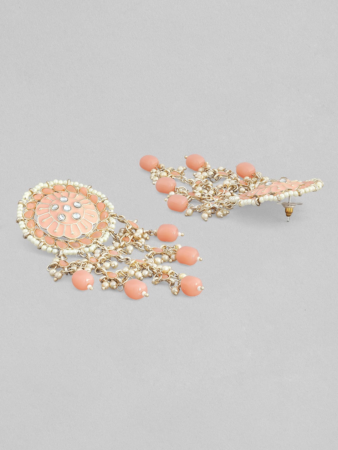 22K Gold-Plated Peach & White Beaded Pearl and AD Studded Dangle Earrings Drop Earrings