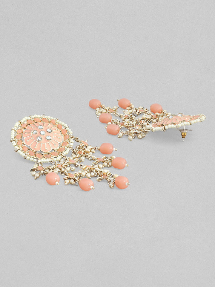 22K Gold-Plated Peach & White Beaded Pearl and AD Studded Dangle Earrings Drop Earrings