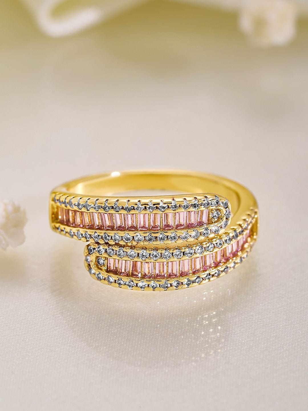 22K Gold Plated Pink AD & Cubic Zirconia Studded Adjustable Finger Ring Ring