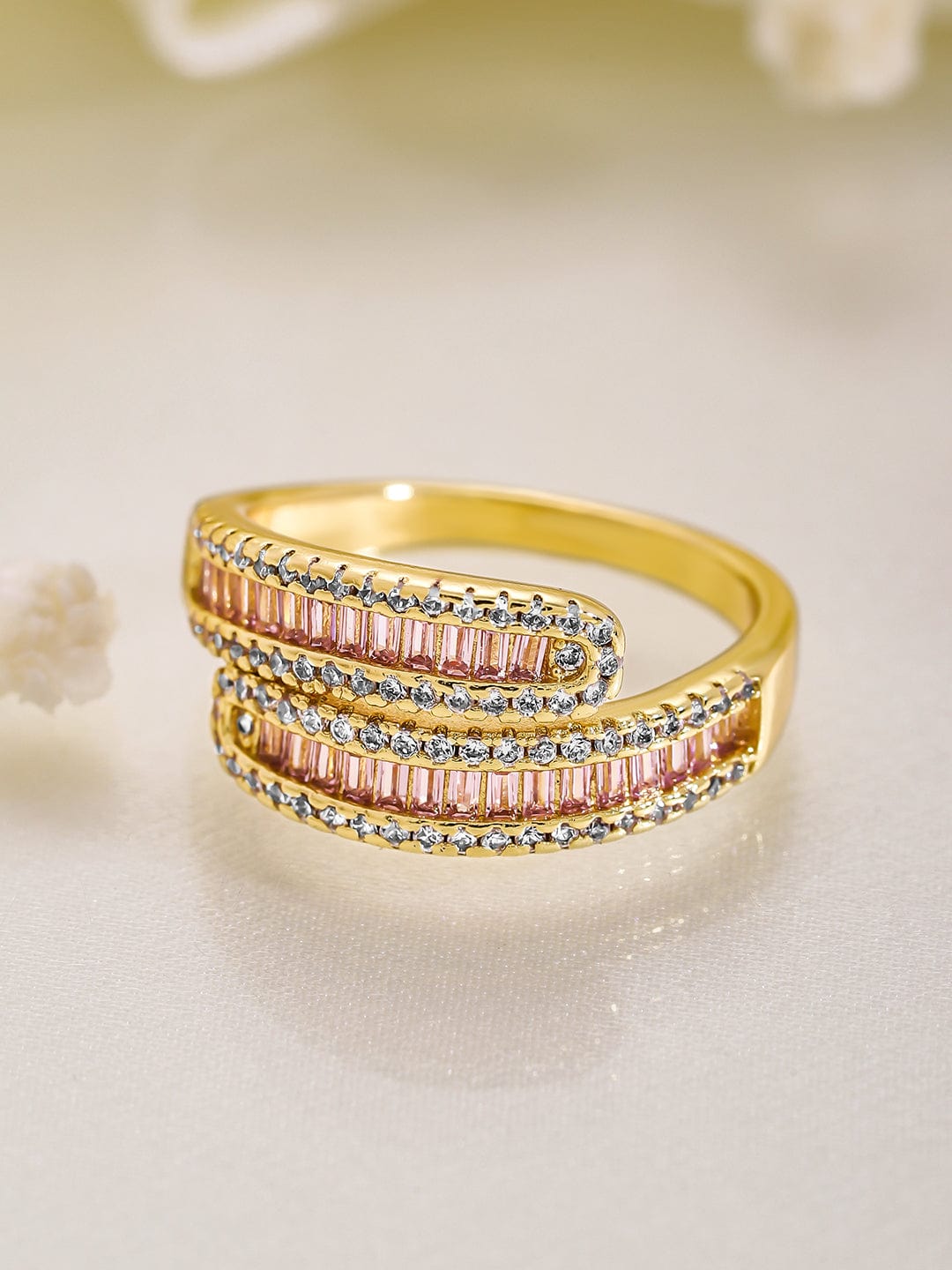 22K Gold Plated Pink AD & Cubic Zirconia Studded Adjustable Finger Ring Ring