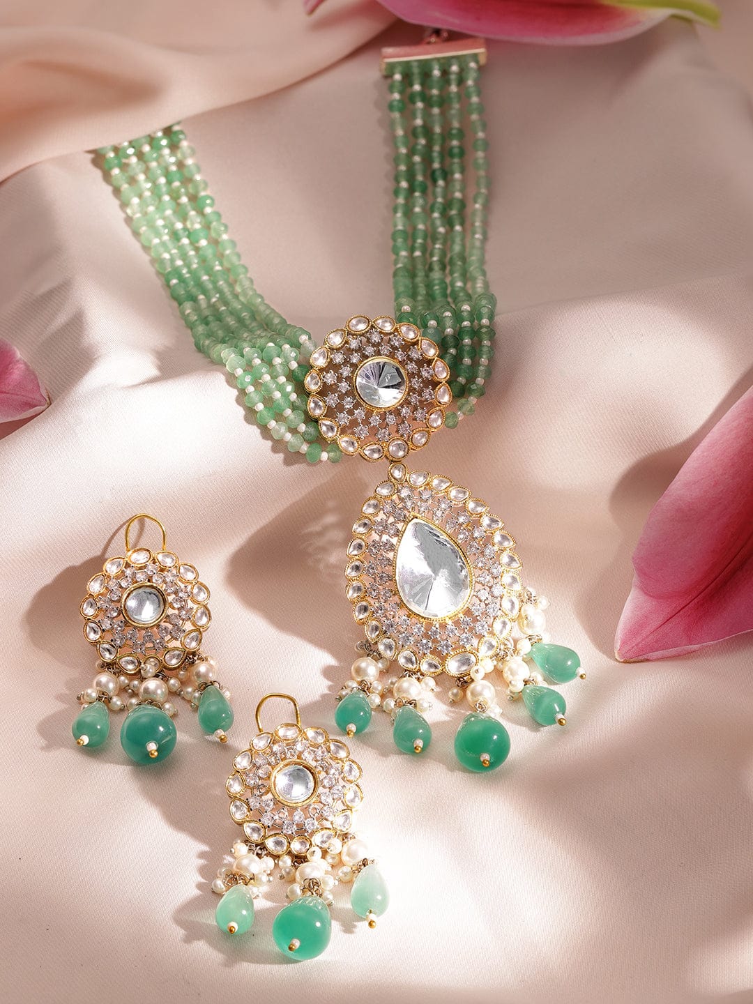 22K Gold plated polki studded turquoise blue beaded statement luxury necklace set Jewellery Sets