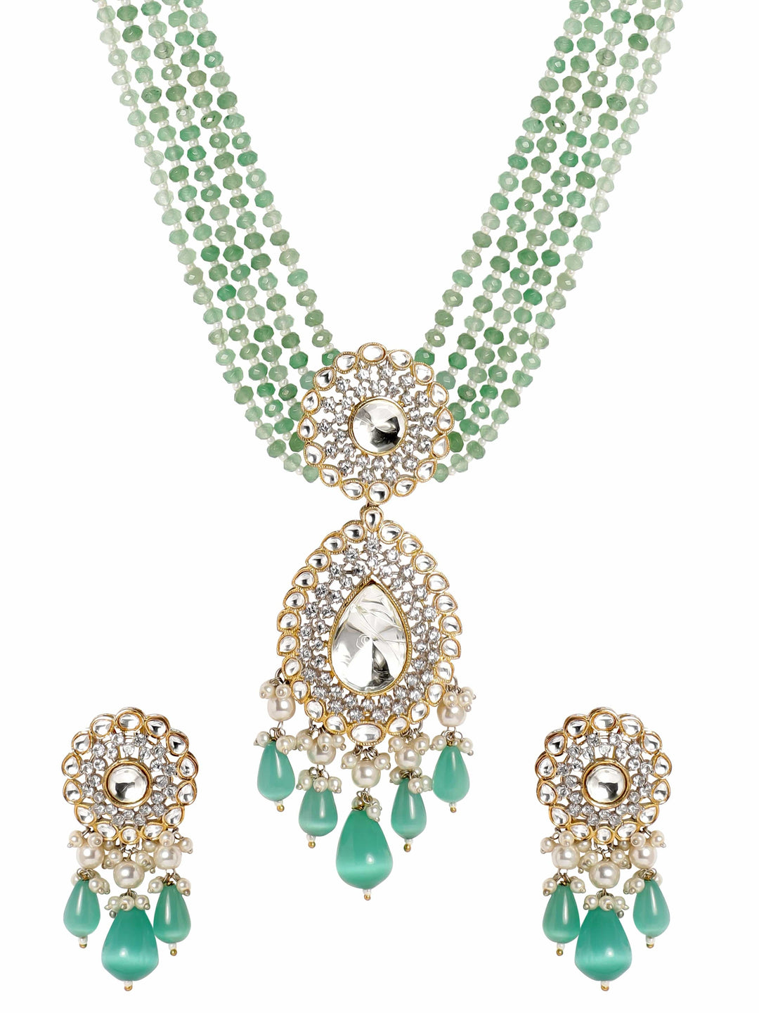 22K Gold plated polki studded turquoise blue beaded statement luxury necklace set Jewellery Sets
