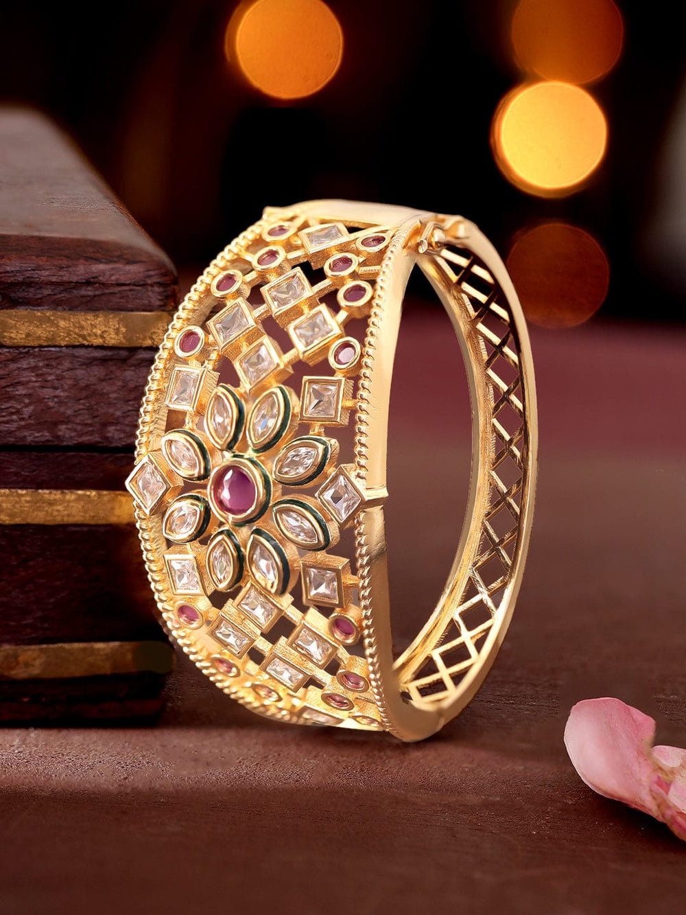 22k Gold plated Polki Zirconia studded Statement Classical Bracelet Bangles & Bracelets