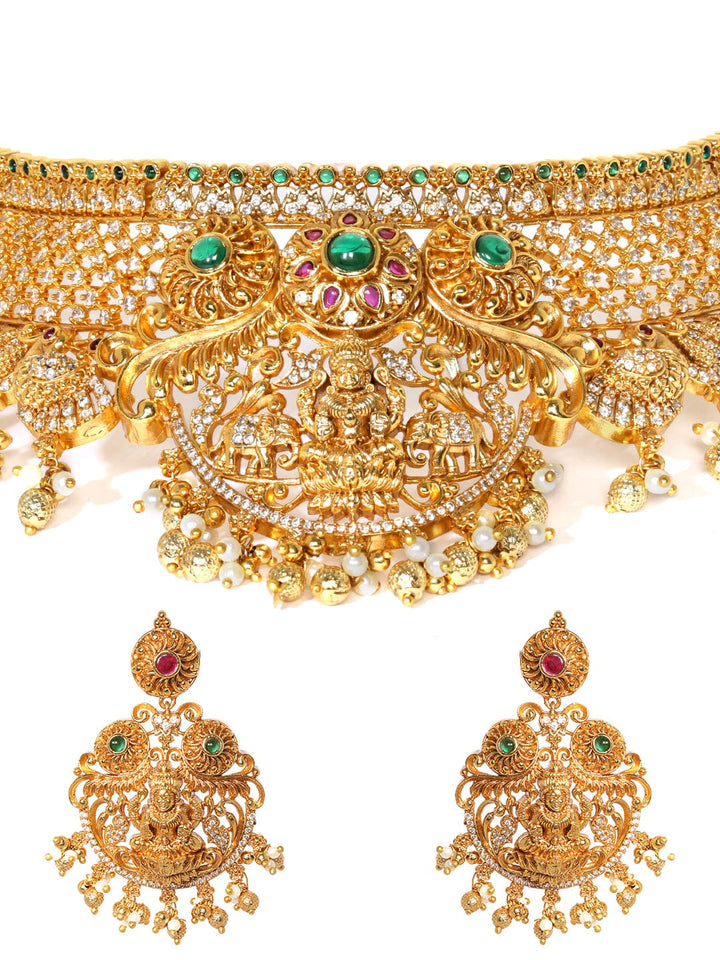 22K Gold plated Red & Green zirconia goddess motif Luxury Statement Temple Choker Set Jewellery Sets
