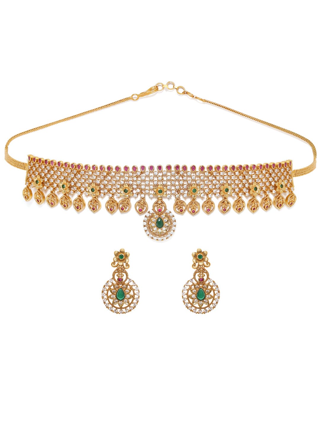 22K Gold plated Rubi & emerald Zirconia studded delicate dangle Luxury Temple Choker necklace set Jewellery Sets