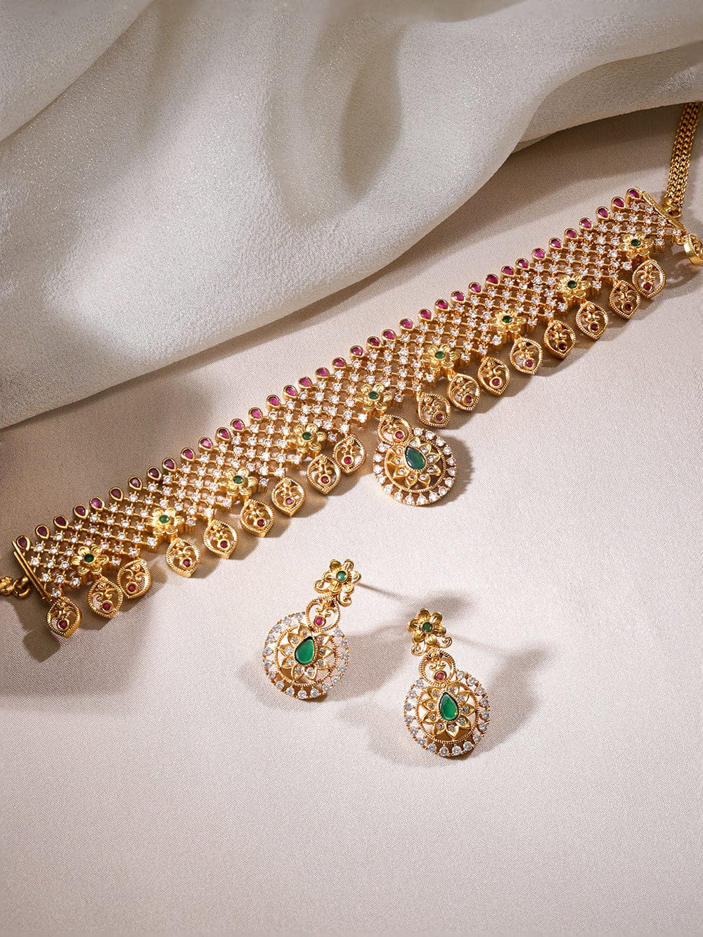 22K Gold plated Rubi & emerald Zirconia studded delicate dangle Luxury Temple Choker necklace set Jewellery Sets