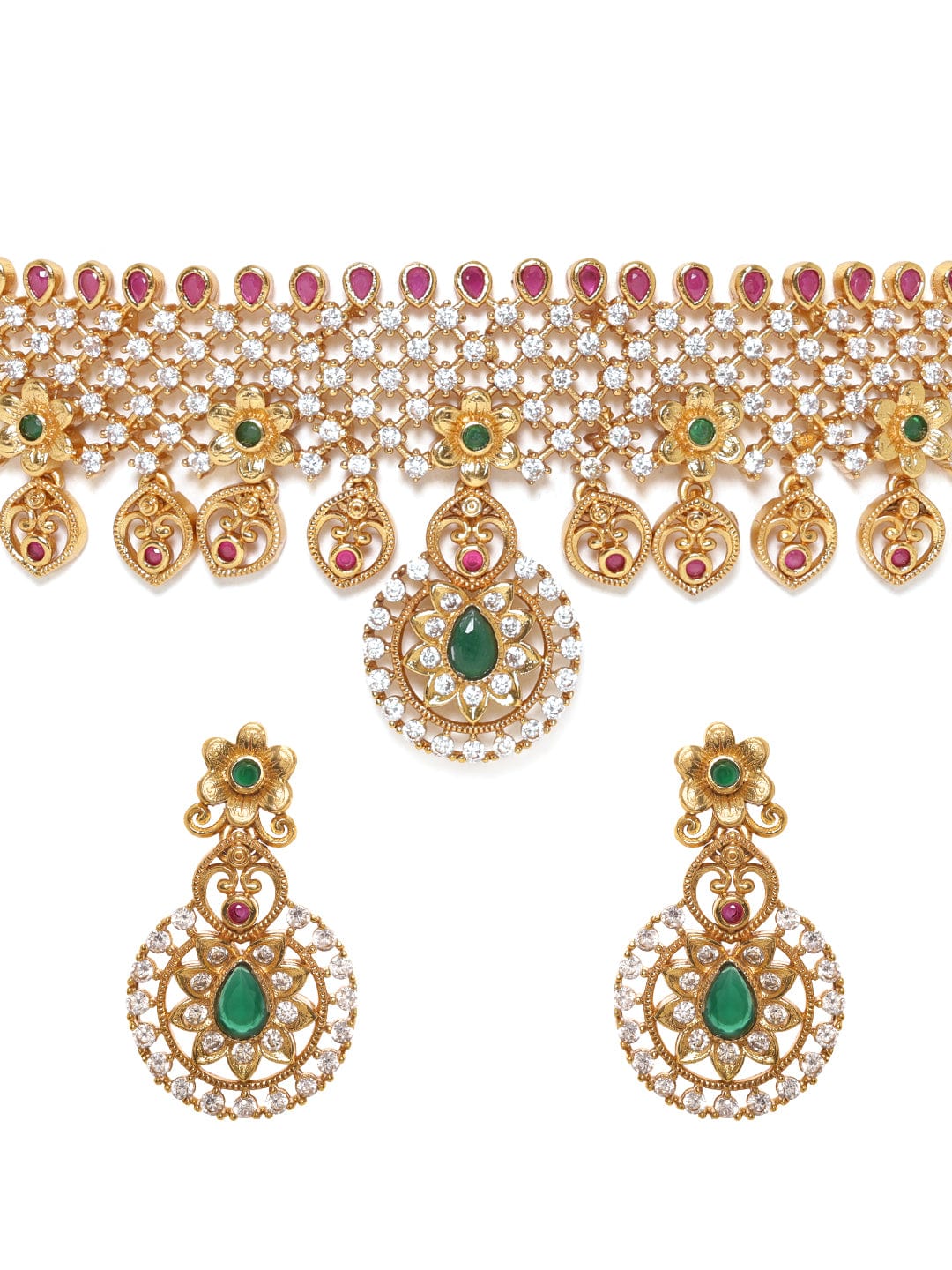 22K Gold plated Rubi & emerald Zirconia studded delicate dangle Luxury Temple Choker necklace set Jewellery Sets