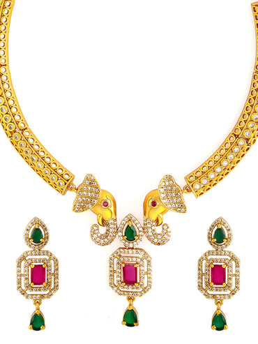 22K Gold-Plated Ruby & Emerald CZ Stone Studded Elephant Motif Necklace Set Jewellery Set