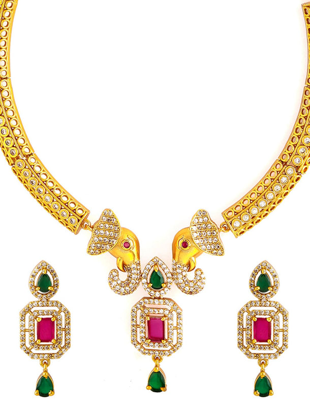 22K Gold-Plated Ruby & Emerald CZ Stone Studded Elephant Motif Necklace Set Jewellery Set