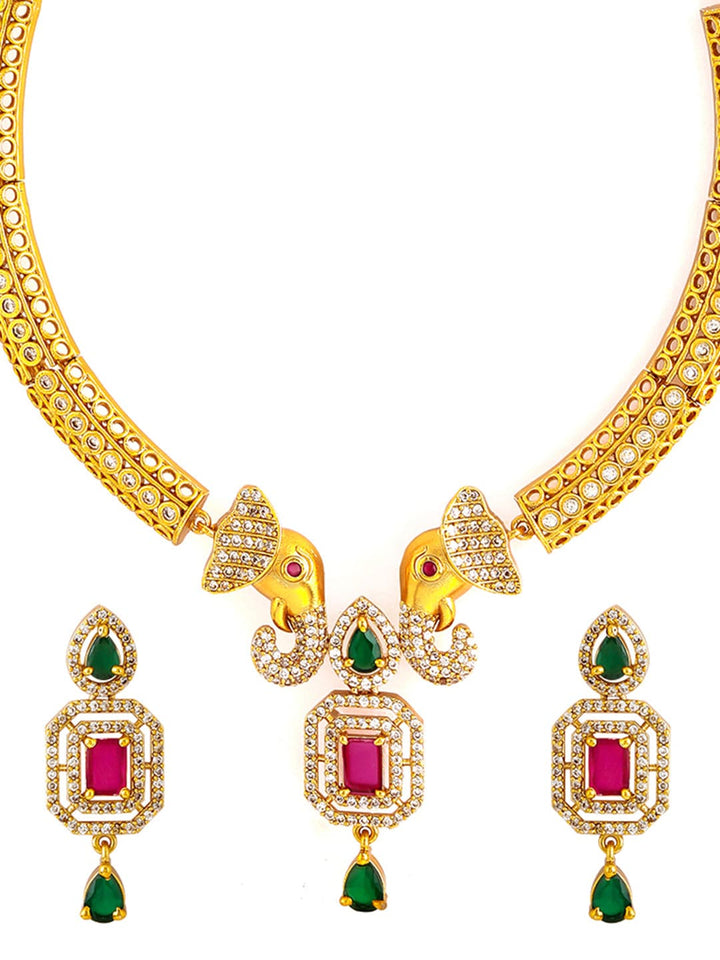 22K Gold-Plated Ruby & Emerald CZ Stone Studded Elephant Motif Necklace Set Jewellery Set