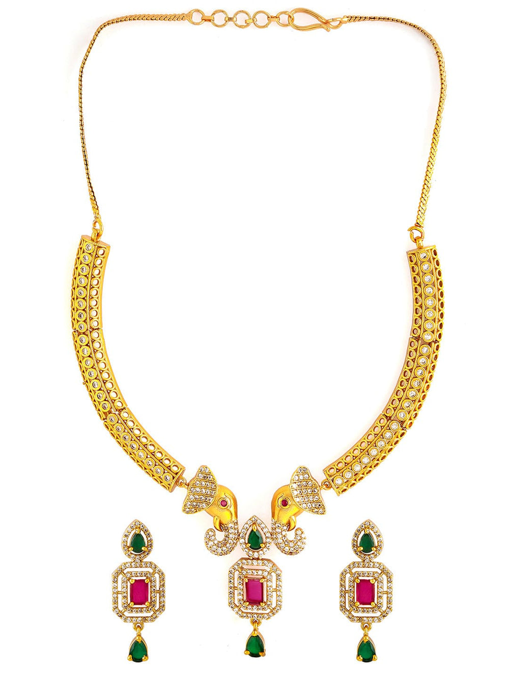 22K Gold-Plated Ruby & Emerald CZ Stone Studded Elephant Motif Necklace Set Jewellery Set