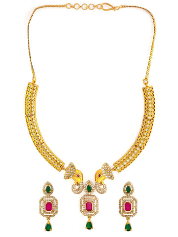 22K Gold-Plated Ruby & Emerald CZ Stone Studded Elephant Motif Necklace Set Jewellery Set
