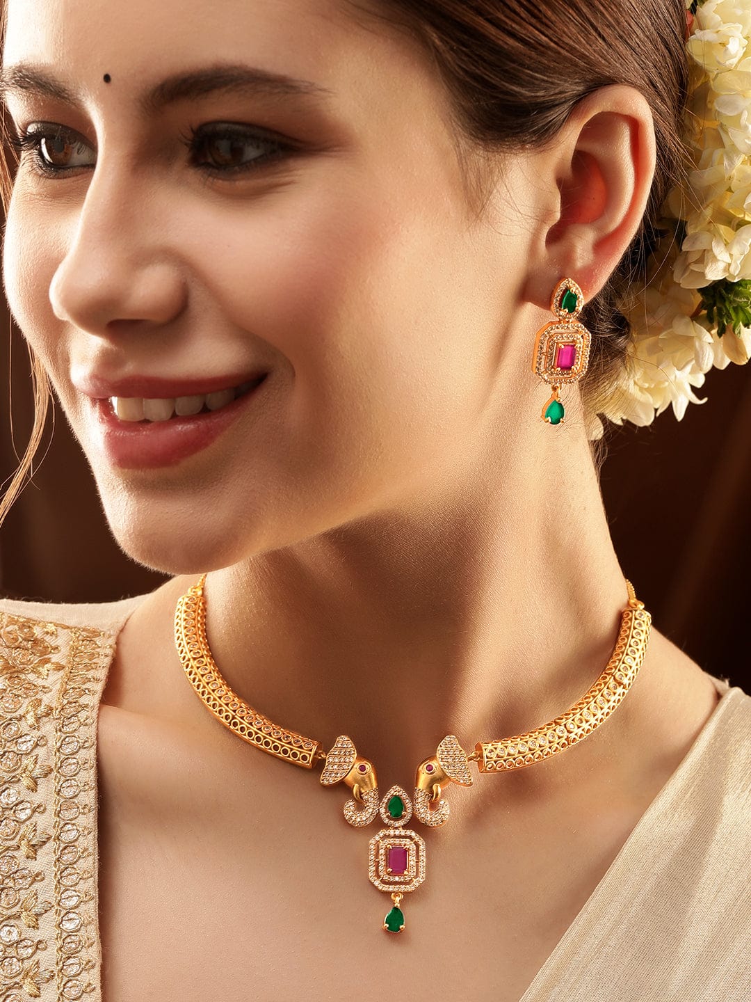 22K Gold-Plated Ruby & Emerald CZ Stone Studded Elephant Motif Necklace Set Necklace and Earrings