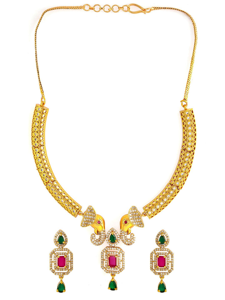 22K Gold-Plated Ruby & Emerald CZ Stone Studded Elephant Motif Necklace Set Necklace and Earrings