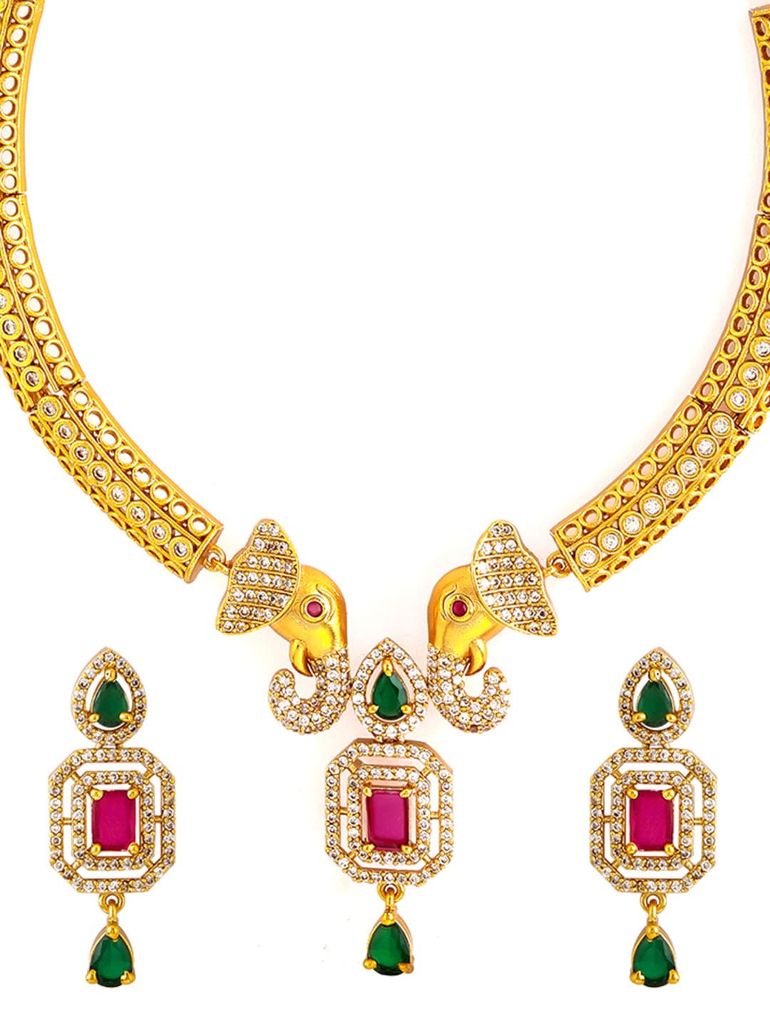 22K Gold-Plated Ruby & Emerald CZ Stone Studded Elephant Motif Necklace Set Necklace and Earrings