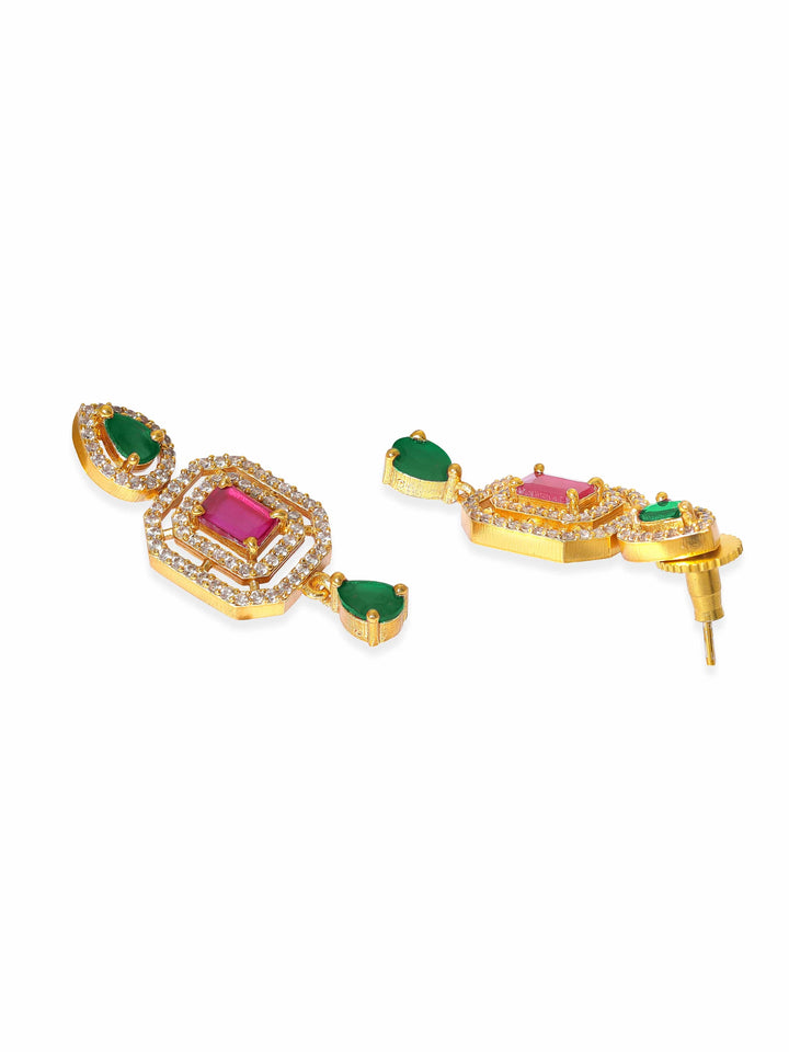 22K Gold-Plated Ruby & Emerald CZ Stone Studded Elephant Motif Necklace Set Necklace and Earrings