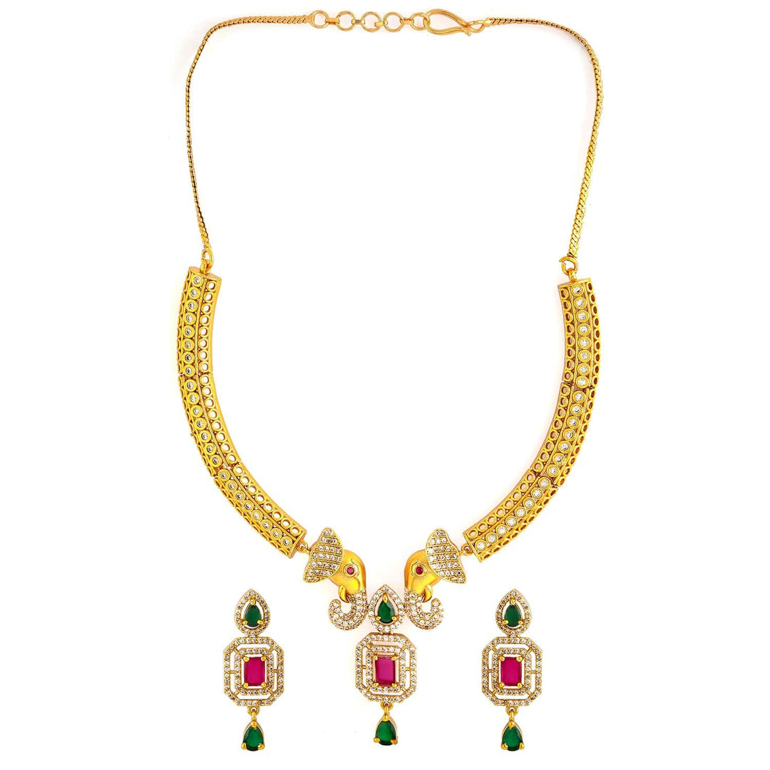 22K Gold-Plated Ruby & Emerald CZ Stone Studded Elephant Motif Necklace Set Necklace and Earrings