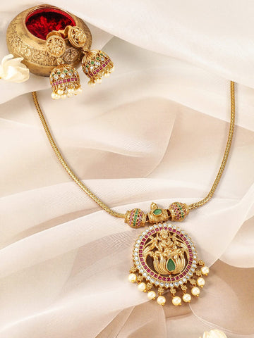 22K Gold-Plated Ruby, Emerald & CZ Studded Laxmi Temple Necklace Set with Pearl Drop Jewellery Set