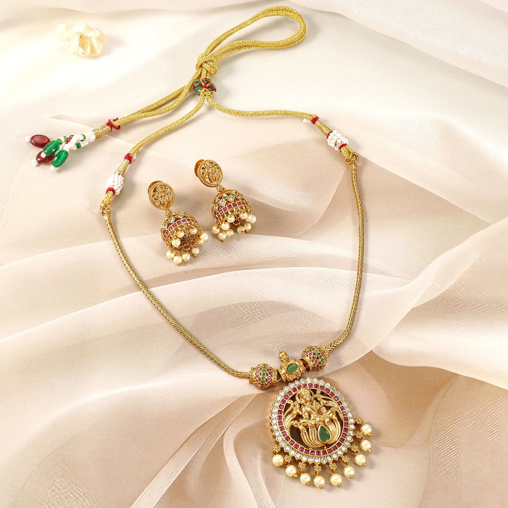 22K Gold-Plated Ruby, Emerald & CZ Studded Laxmi Temple Necklace Set with Pearl Drop Necklace Set