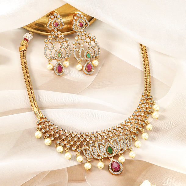 22K Gold-Plated Ruby, Emerald & CZ Studded Lotus Motif Jewellery Set with Pearl Drop Necklace Set