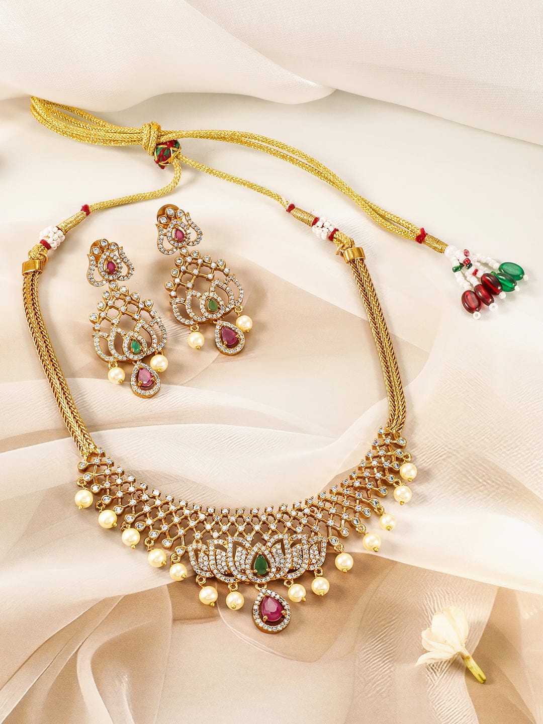 22K Gold-Plated Ruby, Emerald & CZ Studded Lotus Motif Jewellery Set with Pearl Drop Necklace Set