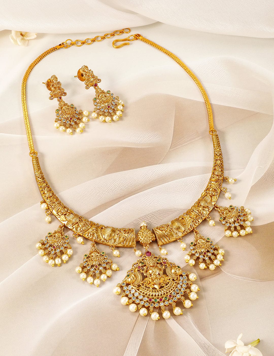 22K Gold-Plated Ruby, Emerald & CZ Studded Pearl Drops Lakshmi Temple Necklace Set Jewellery Set
