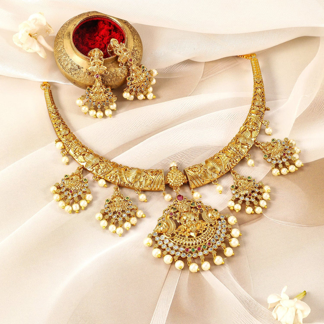 22K Gold-Plated Ruby, Emerald CZ Studded Pearl Drops Lakshmi Temple Necklace Set