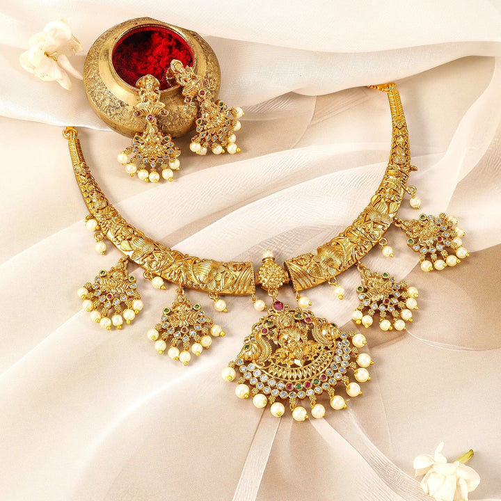 22K Gold-Plated Ruby, Emerald & CZ Studded Pearl Drops Lakshmi Temple Necklace Set Necklace Set