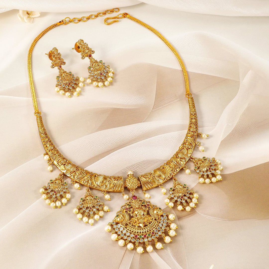 22K Gold-Plated Ruby, Emerald & CZ Studded Pearl Drops Lakshmi Temple Necklace Set Necklace Set