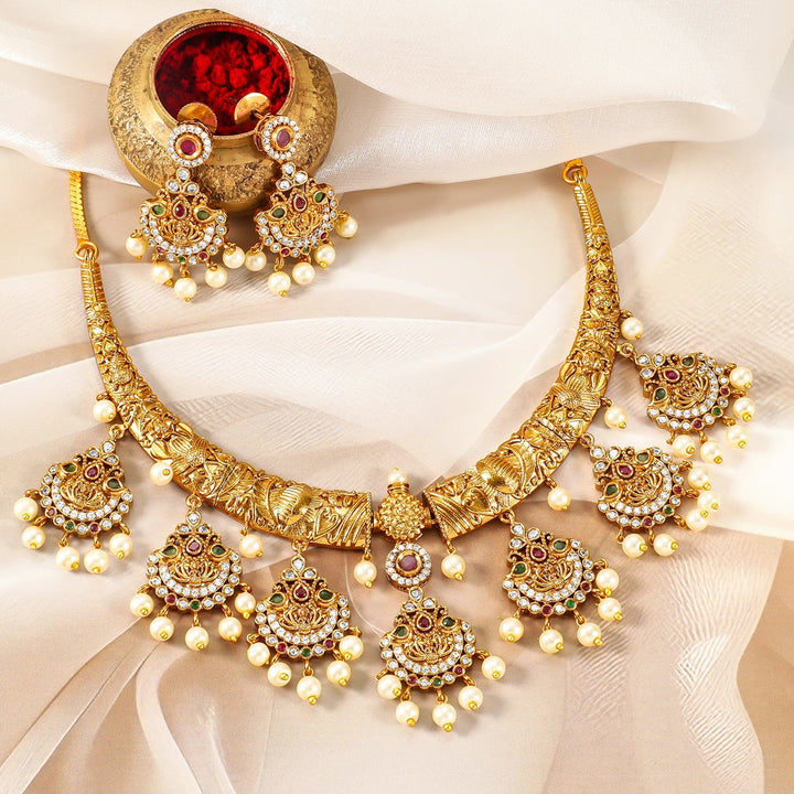 22K Gold-Plated Ruby, Emerald & CZ Studded Temple Jewellery Set with Pearl Accents Necklace Sets