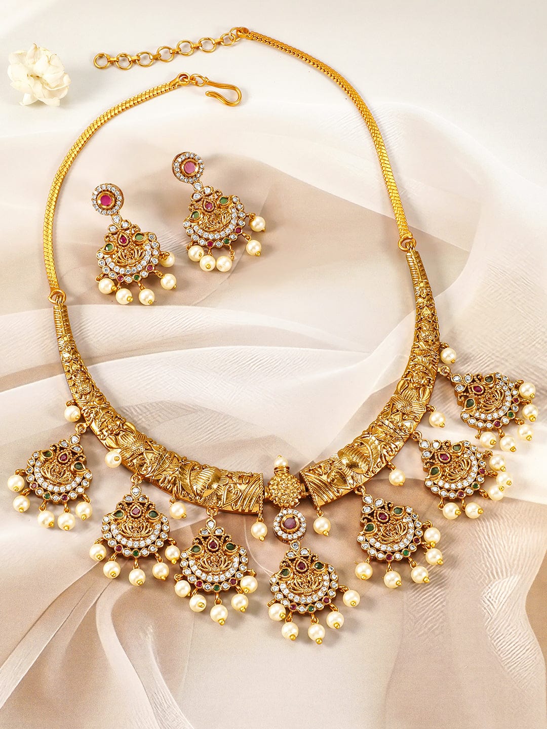 22K Gold-Plated Ruby, Emerald & CZ Studded Temple Jewellery Set with Pearl Accents Necklace Sets