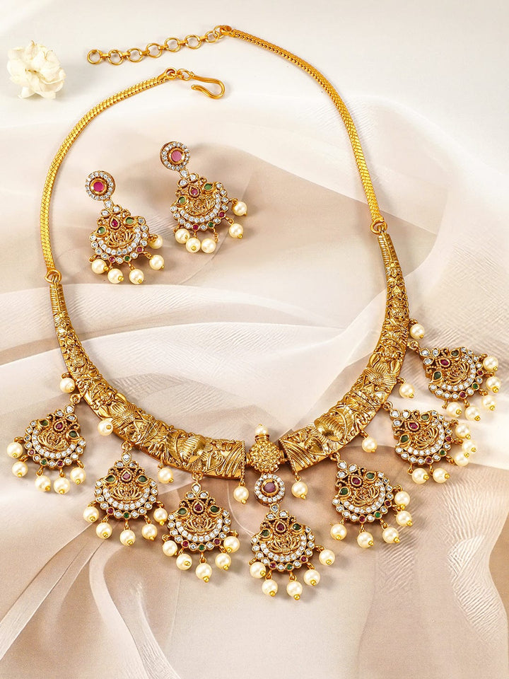 22K Gold-Plated Ruby, Emerald & CZ Studded Temple Jewellery Set with Pearl Accents Necklace Sets