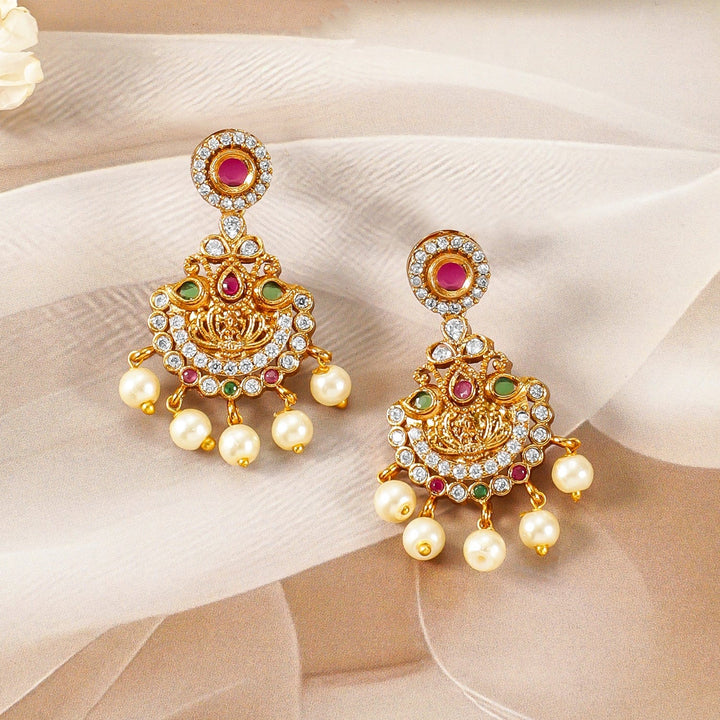 22K Gold-Plated Ruby, Emerald & CZ Studded Temple Jewellery Set with Pearl Accents Necklace Sets