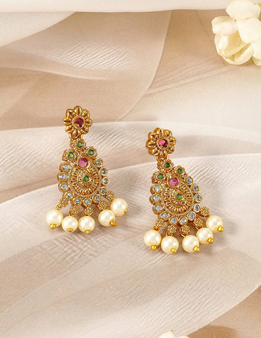 22K Gold-Plated Ruby & Emerald Kundan and CZ Studded Jewellery Set with Pearl Beads Jewellery Set