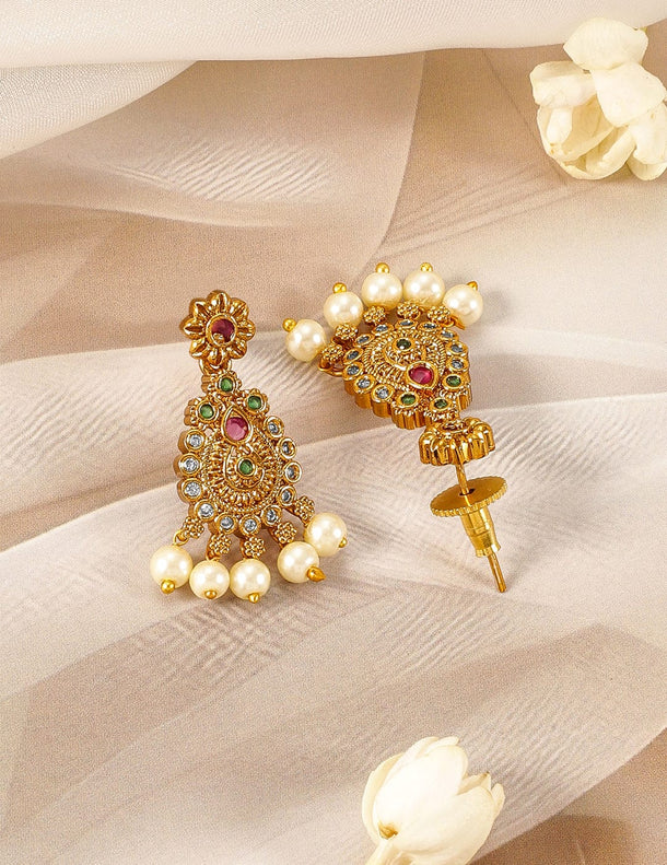 22K Gold-Plated Ruby & Emerald Kundan and CZ Studded Jewellery Set with Pearl Beads Jewellery Set