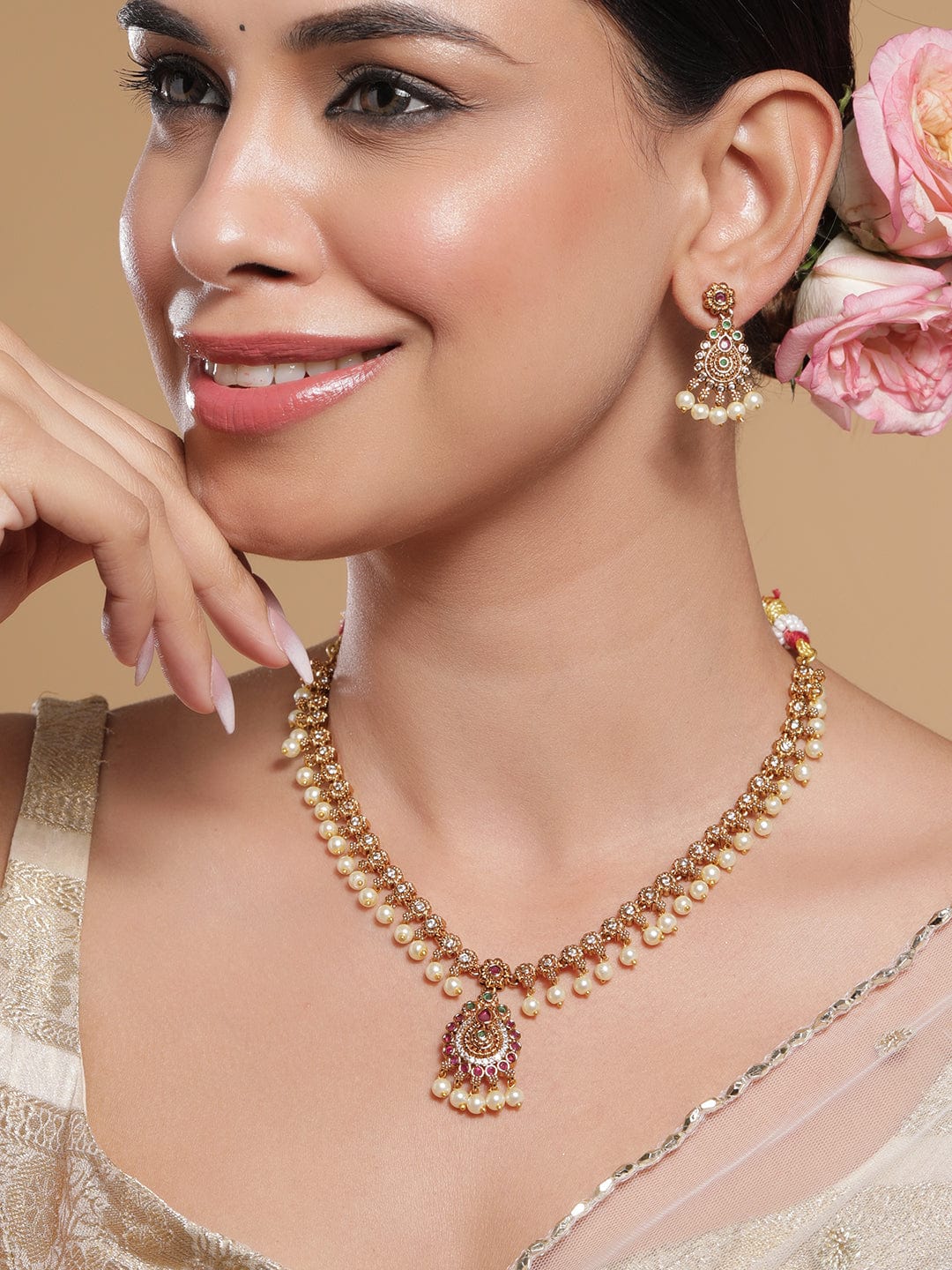 22K Gold-Plated Ruby & Emerald Kundan and CZ Studded Jewellery Set with Pearl Beads Necklace Set