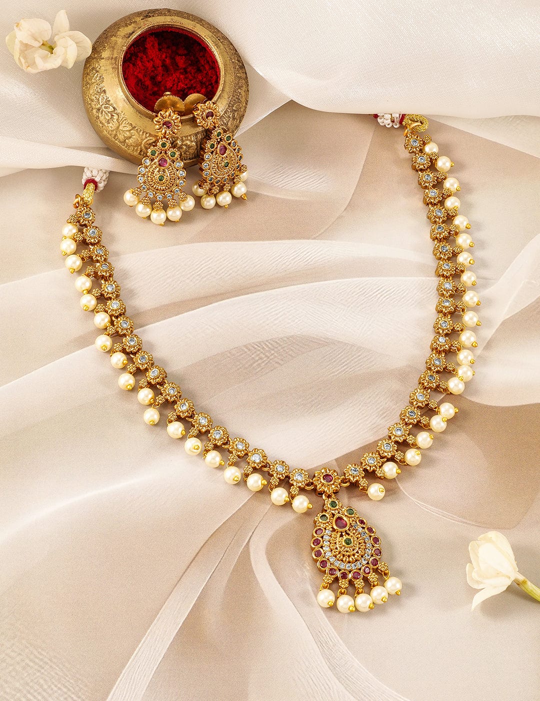 22K Gold-Plated Ruby & Emerald Kundan and CZ Studded Jewellery Set with Pearl Beads Necklace Set